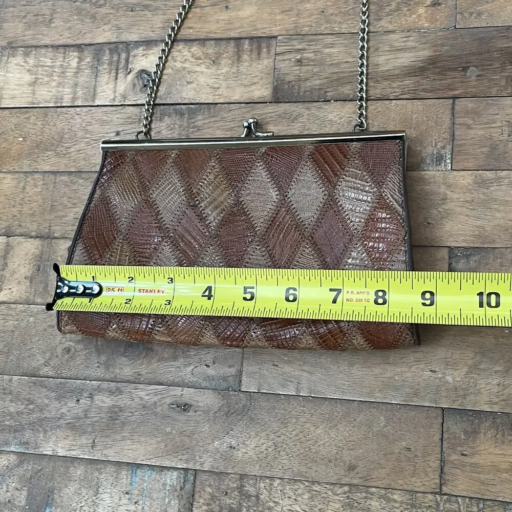Vintage Clutch Handbag Kiss Lock Genuine Teju Lizard Skin Leather Patchwork - Picture 3 of 11